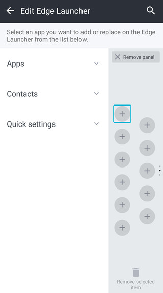 Screen showing the Edge Sense settings screen.